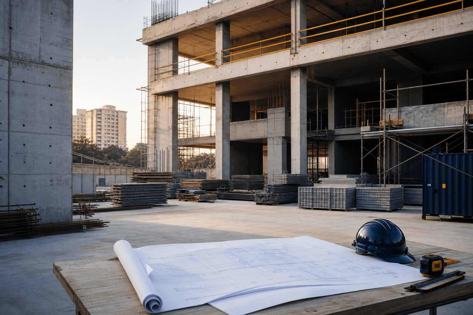 Organized construction site with a concrete structure and engineering plans